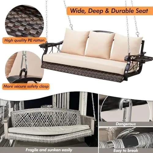 3-Person Wicker Porch Swing Chair Heavy Duty 900 LBS Outdoor Rattan Patio Swing Chair w/Cup-Holder & Steel Chains