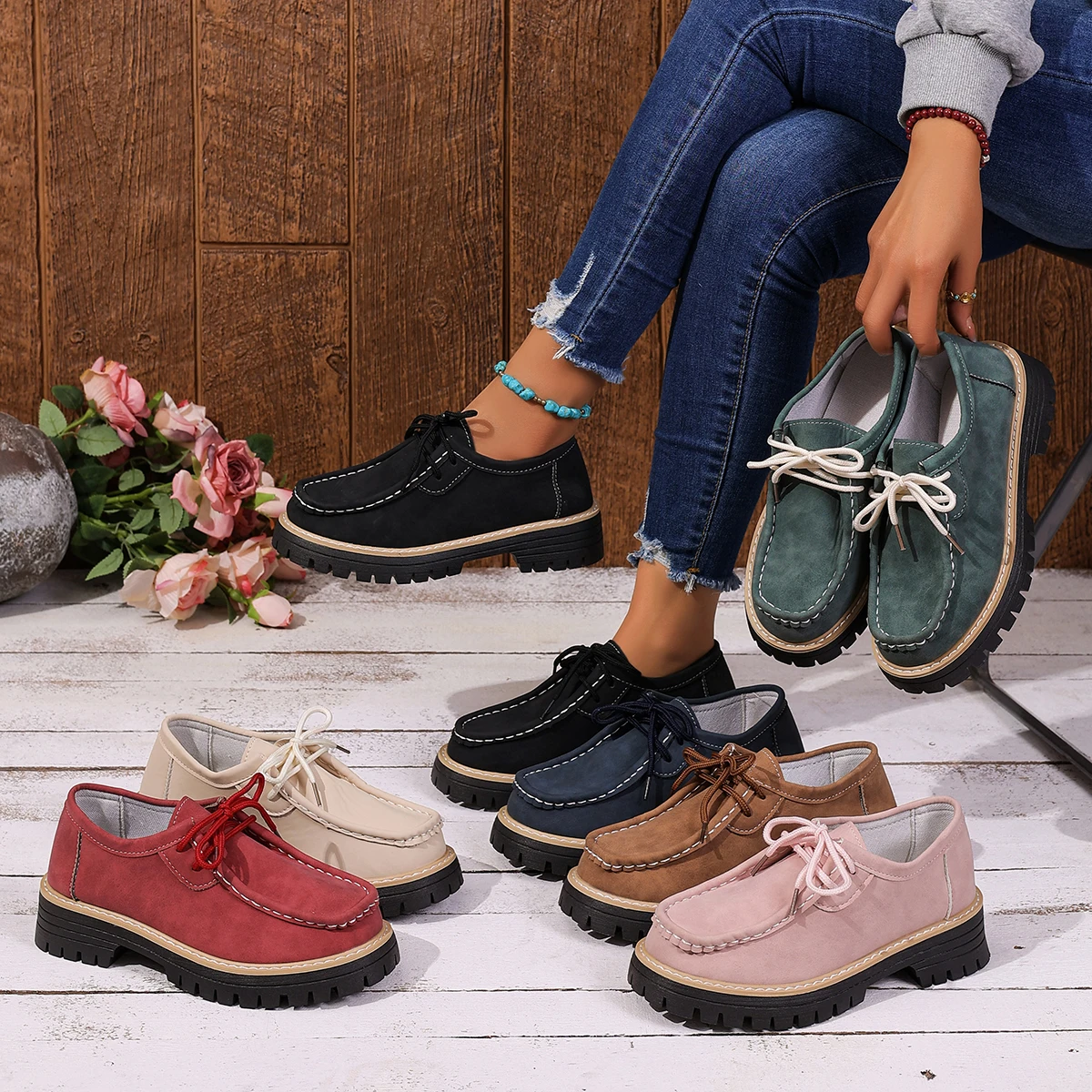 

Women Loafers Casual British Style Women Shoes Spring Autumn Large Size Sneakers Thick Heel Chunky Sole Retro Flats Shoes