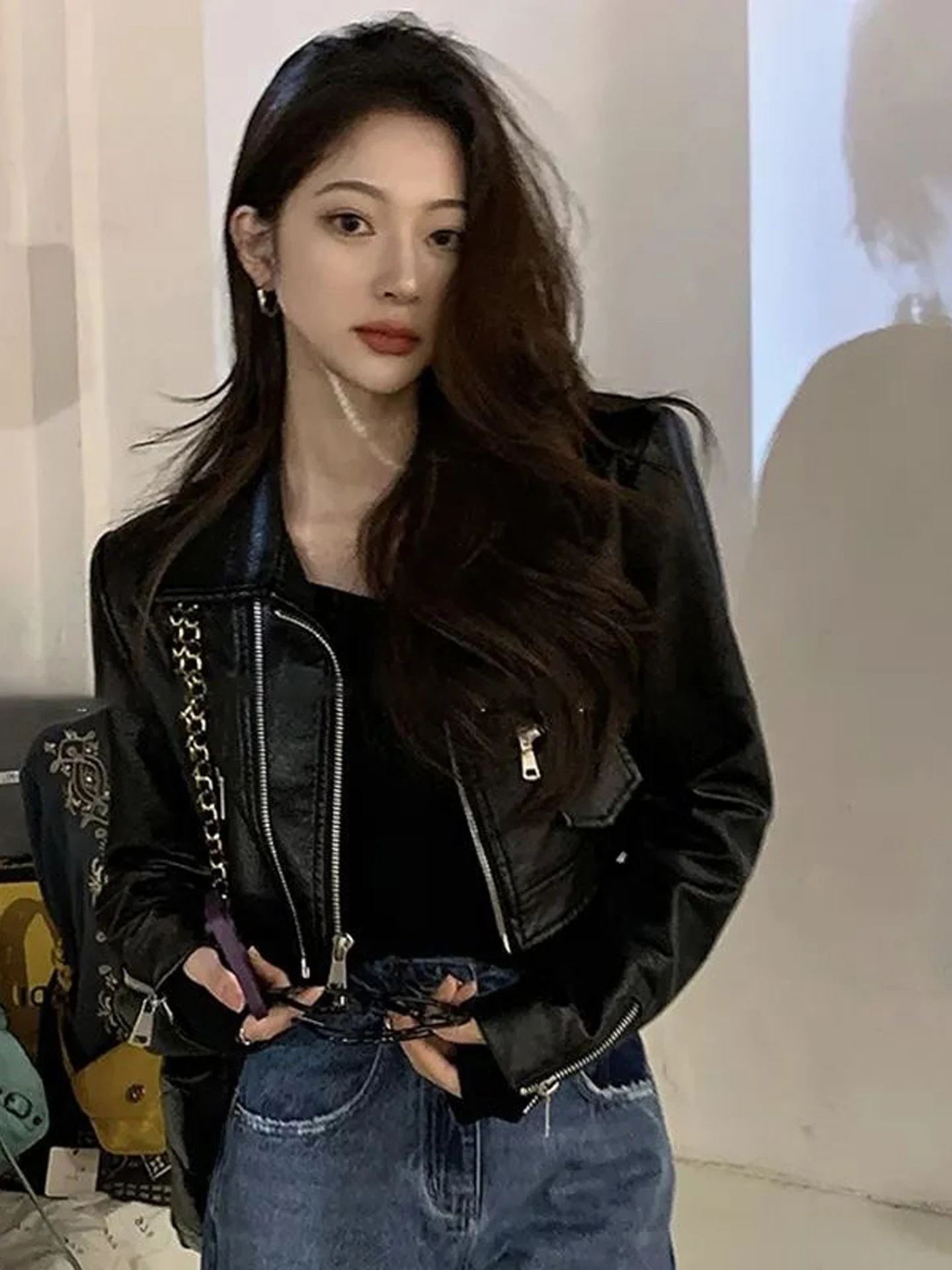 Black Short Biker Style PU Leather Jacket Women's Slim Fit American Retro Motorcycle Clothes Fashionable Autumn New Arrival
