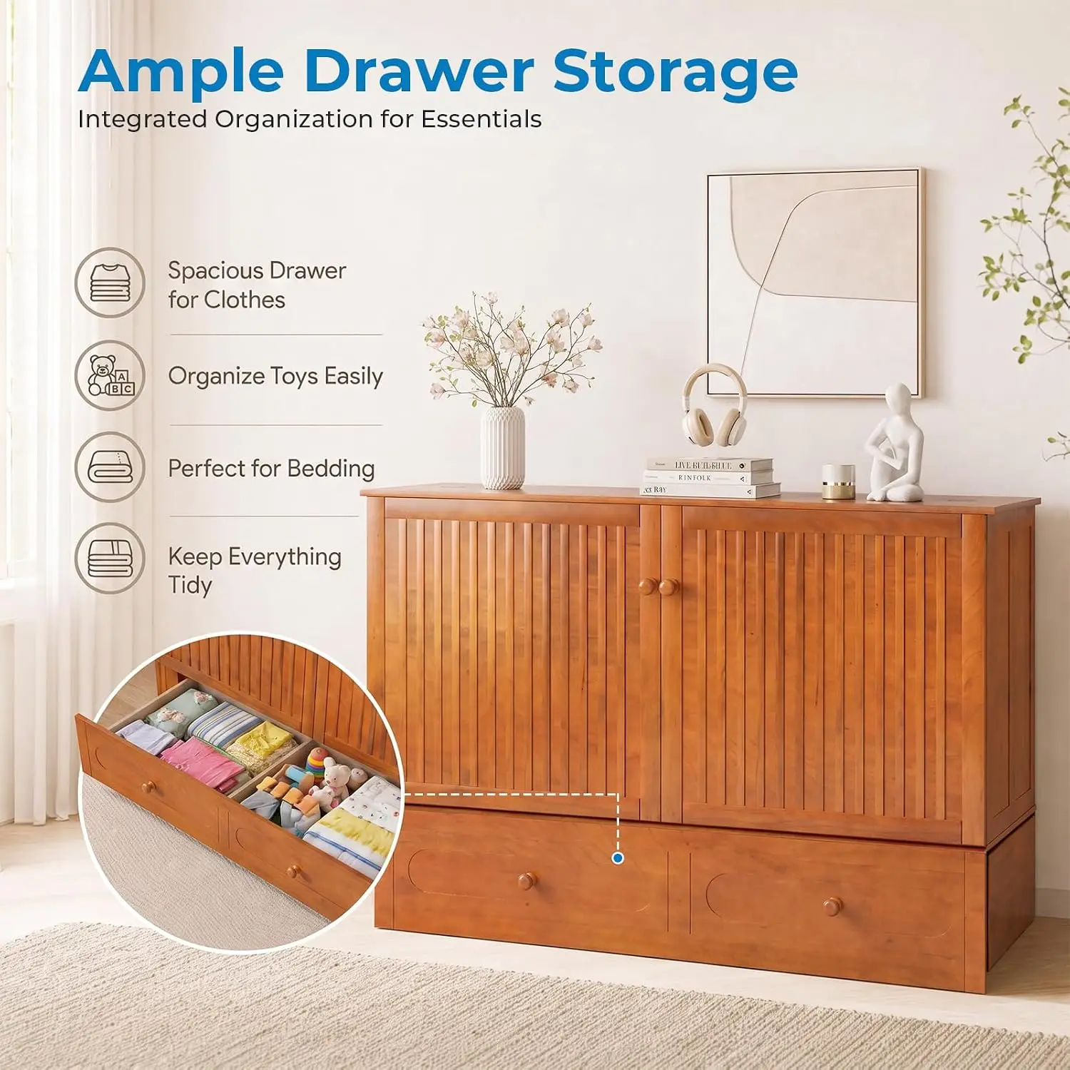 Queen Murphy Bed Cabinet with Tri-Fold Mattress Included, Storage & Charging Station & Headboard Side Panel, 63"W Wood Murphy Ca