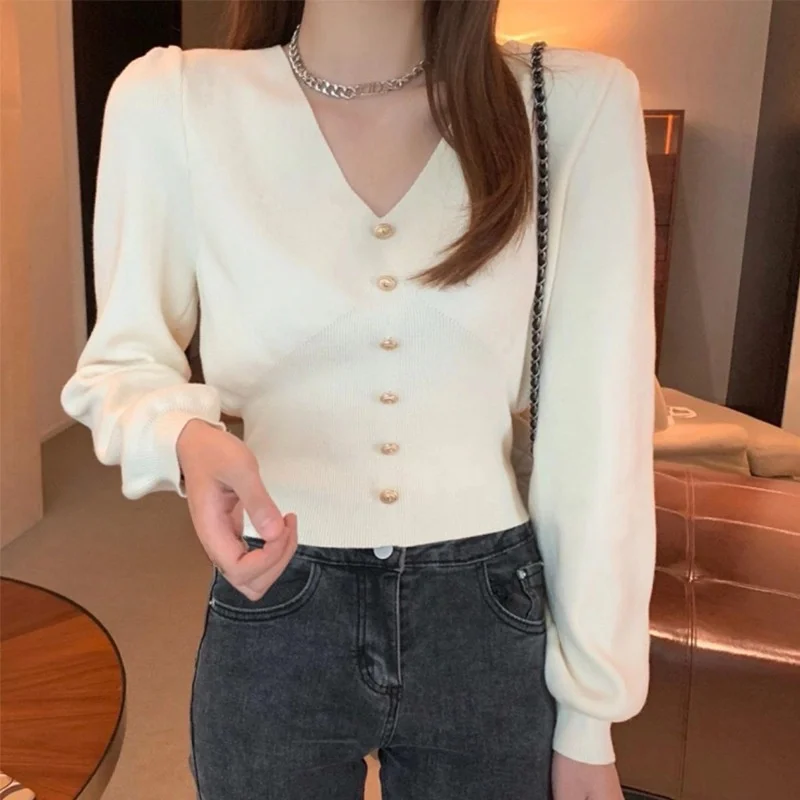 

Elegant V-Neck Long Sleeve Knitted Sweater Women's Autumn Winter Fashion Slimming Short Coat Open Cardigan Waist-Cinching