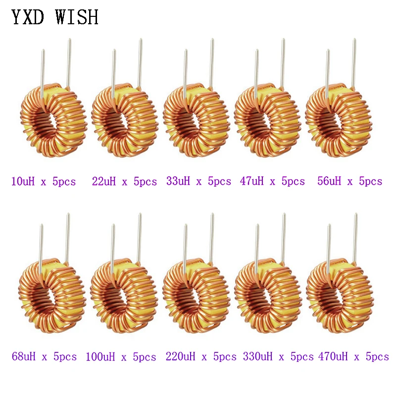 50pcs Toroid Core Inductor Kit 10uH 22uH 33uH 47uH 56uH 68uH 100uH 220uH 330uH 470uH Inductors Set Winding Magnetic Inductance