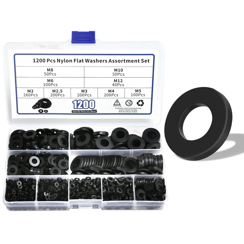 

1200 шт. нейлоновые плоские шайбы, черные пластиковые шайбы, набор шайб премиум-класса для крыльев M2 M2.5 M3 M4 M5 M6 M8 M10 M12, комплект прокладок