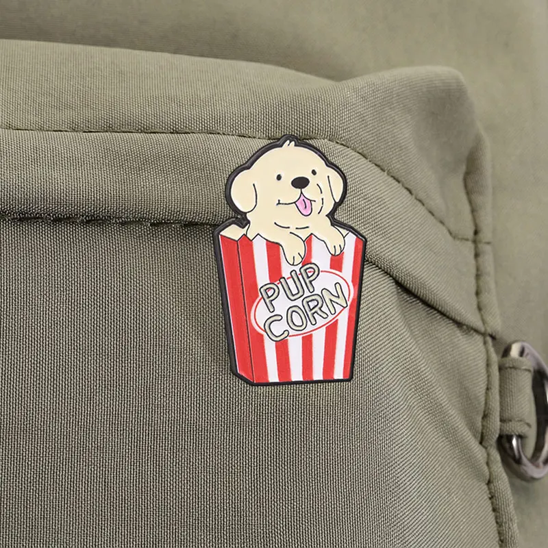 Pupcorn Welpen-Popcorn Cartoon Emaille-Anstecknadel Niedlicher Hund Film-Snack Wortspiel Brosche Reversnadel Schmuck Geschenk für Hundeliebhaber Kino-Fans – Detail 8