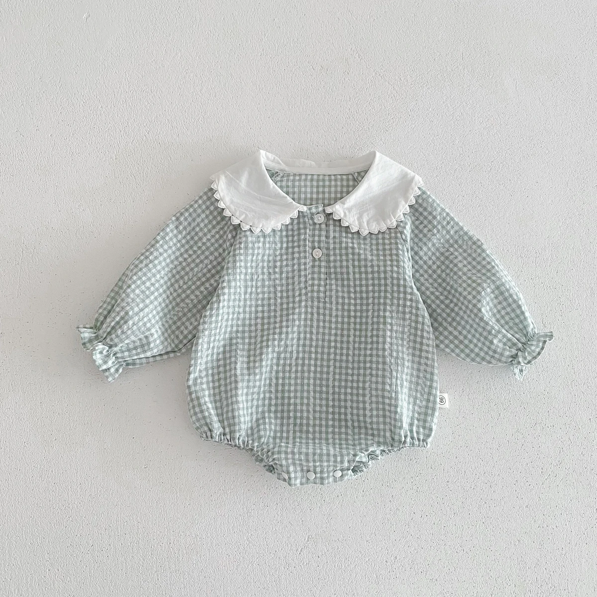 Ready Stock Newborn Jumpsuit Baby Girls Peter Pan Collar Drawstring Long Sleeves Elegant Check Romper 0-2yrs