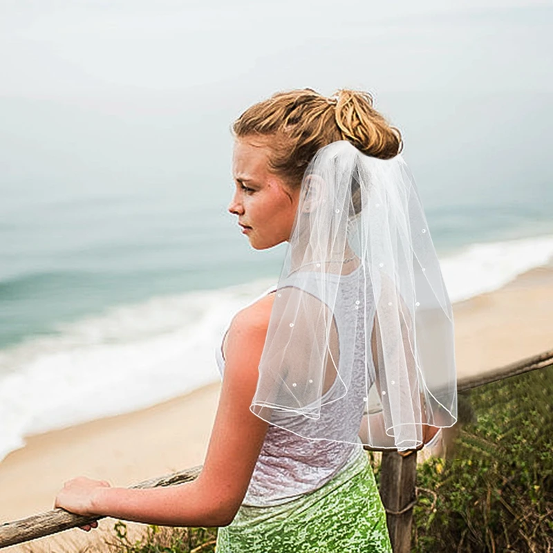 Weiße Perlen Tüll Schleier mit Kamm Braut dusche Hochzeit Haarschmuck Foto Requisiten Geschenke Bachelorette Henne Party Dekor liefert