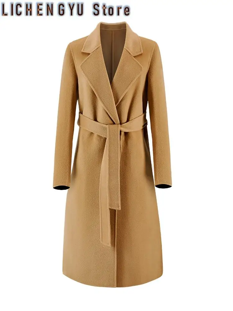 

Autumn 100% Wool Coats With Belt Fashion Open Stitch Elegant Woolen Cashmere Coat Veste Femme Tops