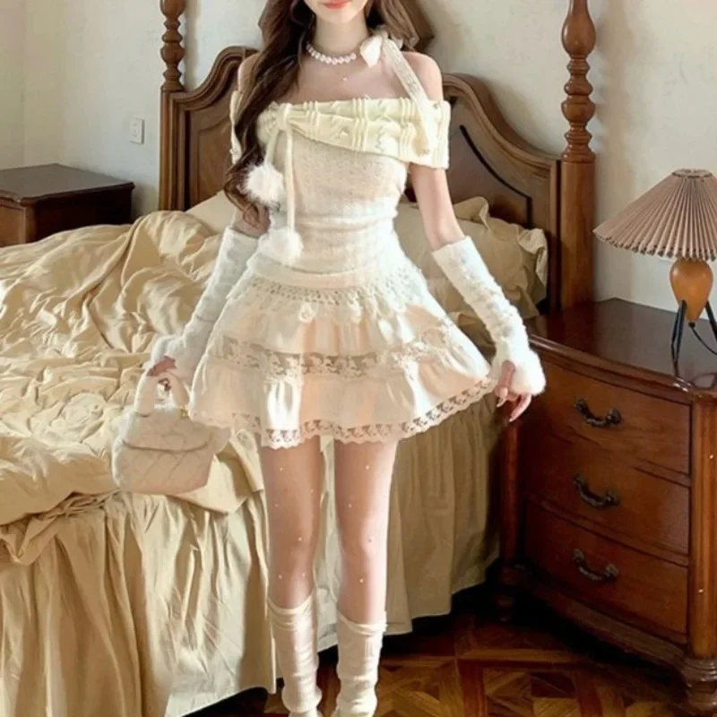 

Autumn New Two Piece Sets Womens Outifits Japanese Style Fairy Off Shoulder Furry Knit Top Lace Skirt Birthday Party Clothing