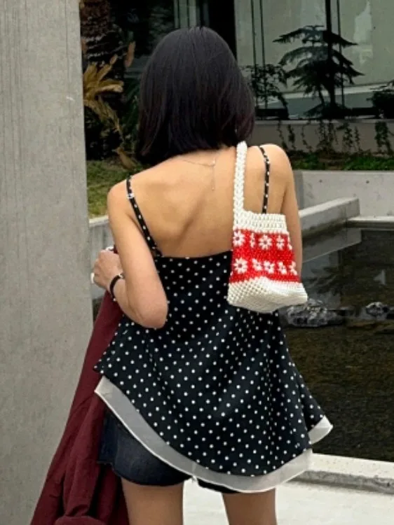 Chemisier Double couche à ourlet à volants pour femmes, nouvelle collection d'été, porte Dongda, inclinée irrégulière, sangle à pois, gilet pour les déplacements