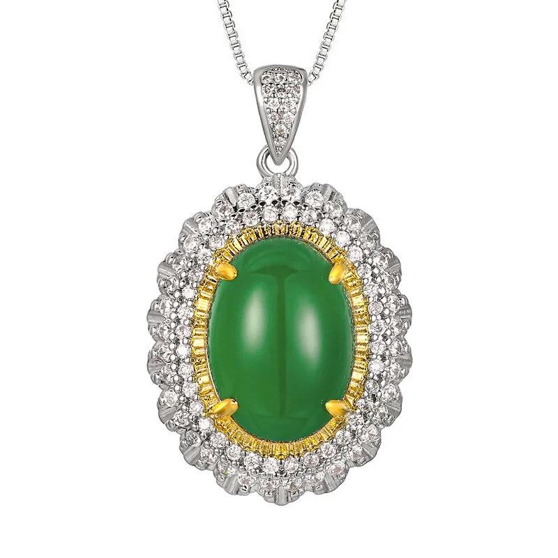 Exquisite Oval Green Agate with Adjustable Ring Sparkling Zircon Encrusted Pendant Necklace Women Elegant Party Wedding Jewelry