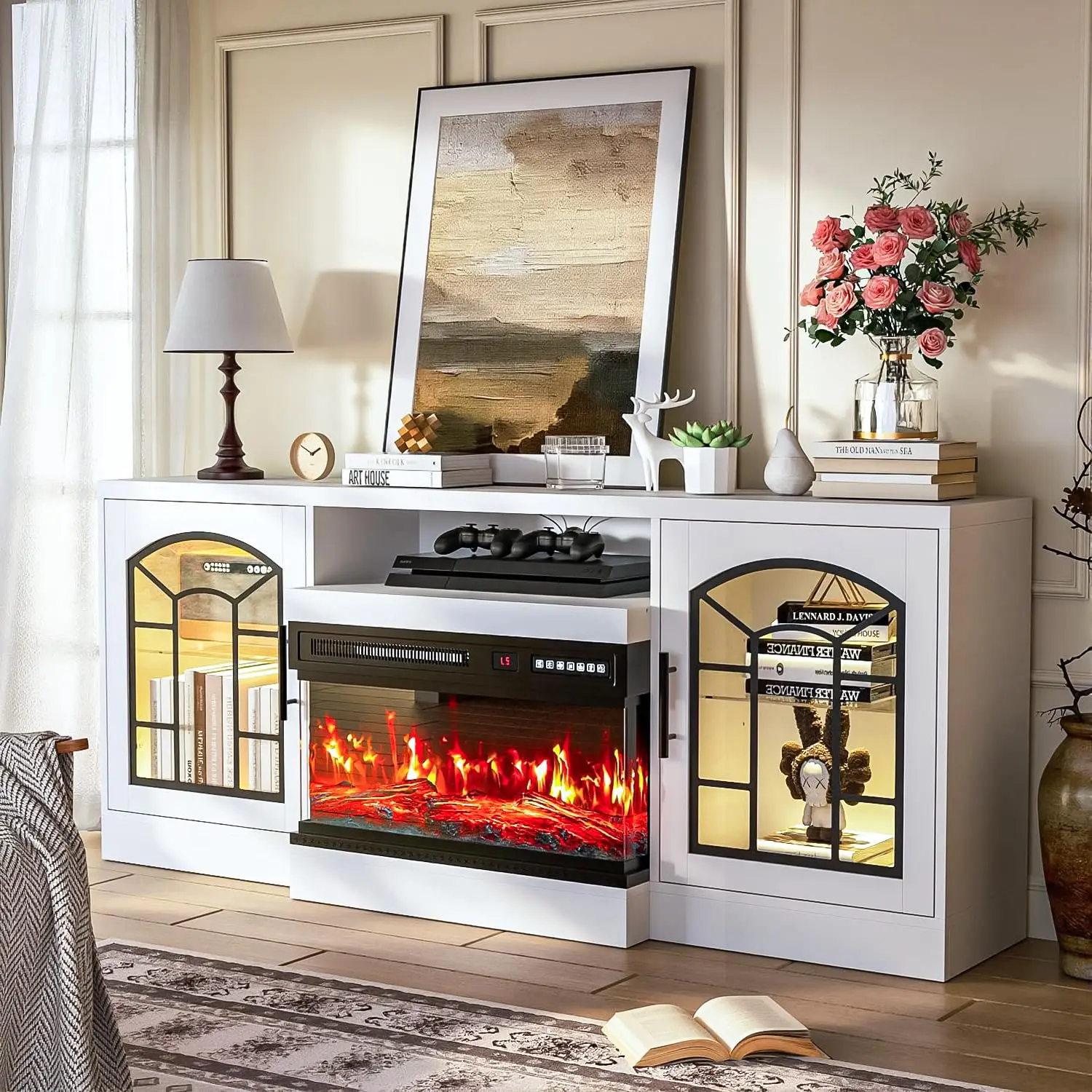 60'' Fireplace TV Stand Glass Media Console 70'' TV Storage Drawers Cabinets LED Flame Lights Living Room, Customized