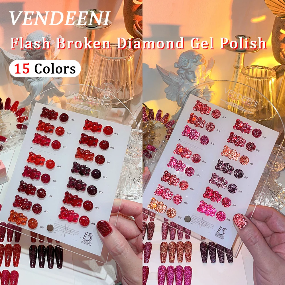 Vendeeni 15 Farben/Set Roter Glitzer-Broken-Diamond-Gel-Nagellack Semi-Permanenter UV-LED-Soak-Off-Gel-Lack mit Display – Detail 1