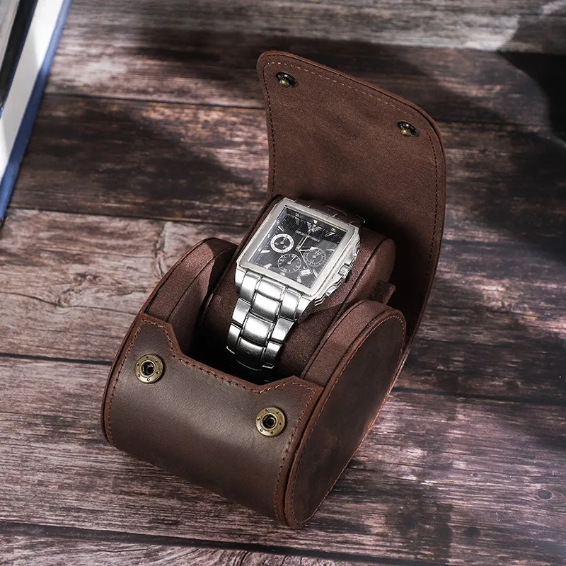 

Brown Retro Crazy Horse Leather Watch Box Handmade Snap-on Portable Creative Watch Storage Box