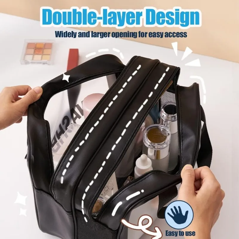 Doppelschichtige Waschtasche mit Trocken-Nass-Trennung, transparente PU-Kulturtasche, tragbare Kosmetiktasche für Reisen, Fitnessstudio und Schwimmen – Detail 8