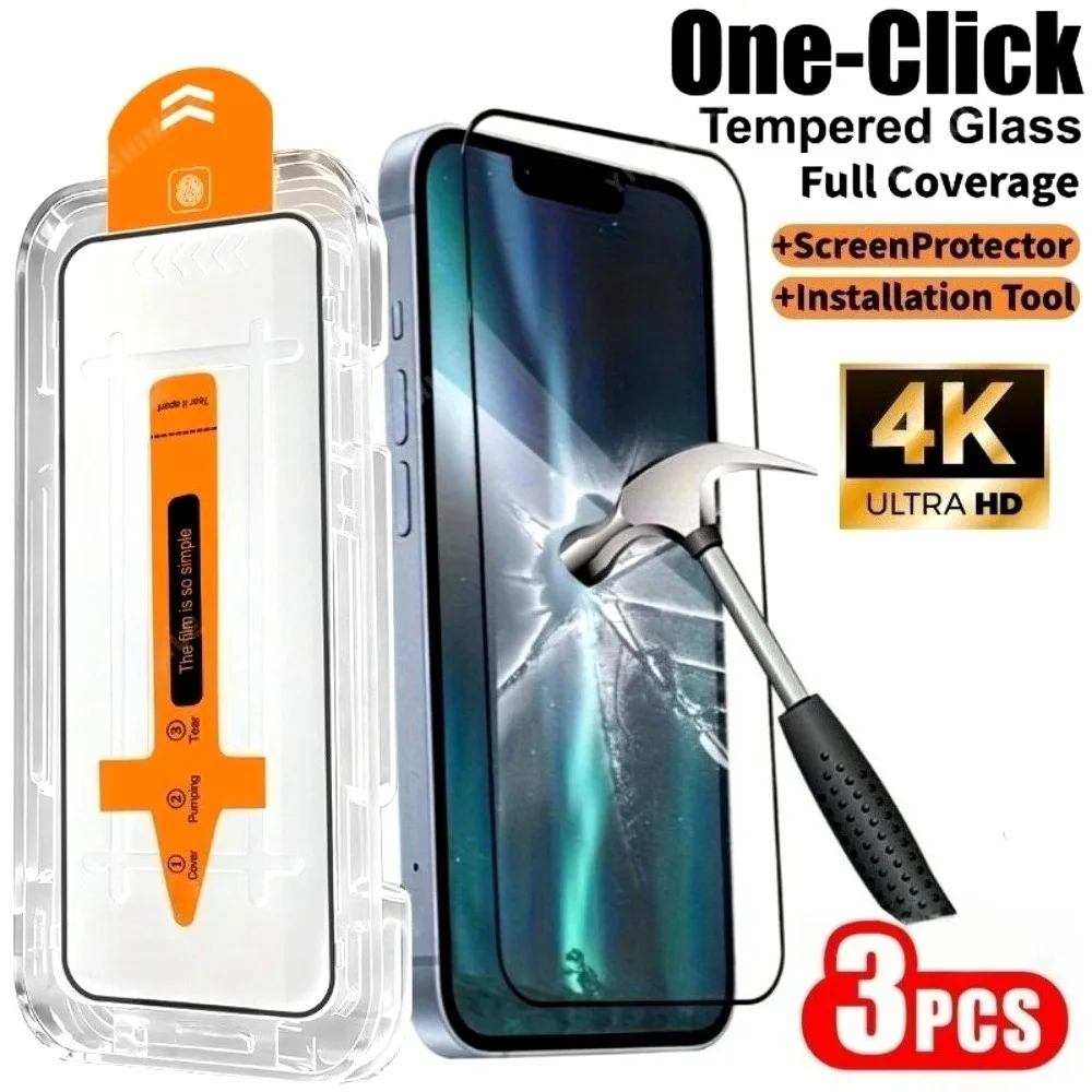 

Комплект из 3 защитных стекол с полным покрытием для iPhone 17, 16, 15, 14 Pro Max, Air 17e, 16, 15 Plus, 13, 12, 11 Pro, установка в один клик