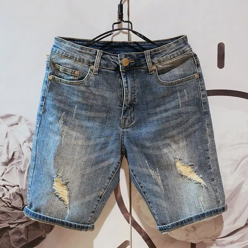 Fashion Men Casual Hole Denim Shorts Koreon New Streetwear Vintage Male Clothing Summer Essentials Loose Blue Sport Jorts 2023