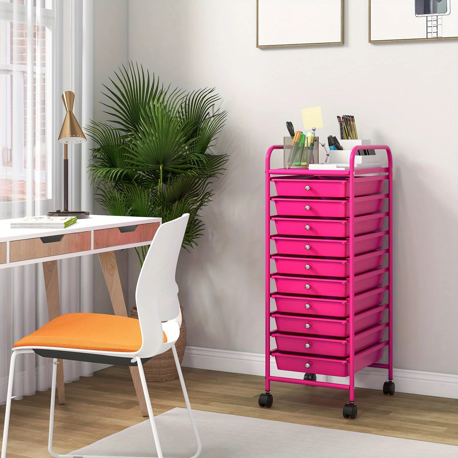 

10-Tier Heavy-Duty Rolling Storage Cart with Locking Drawers & 4-Wheel Lock System, Pink & White Mobile Organizer Cabinet