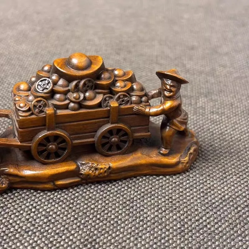 Size11x4 Cm Old Chinese Boxwood Carved Pull The Cart Ingot Cow Ox Old Man Statue Table Decoration