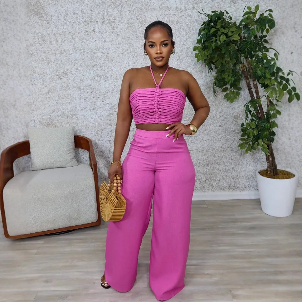 

Summer Fashion Solid Color Two Piece Set Women Sexy Strapless Wide Leg Pants Casual Two Piece Set