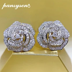 PANSYSEN New Luxury 925 Sterling Silver Flower Shape High Carbon Diamond Stud Earrings for Women Wedding Fine Jewelry Wholesale