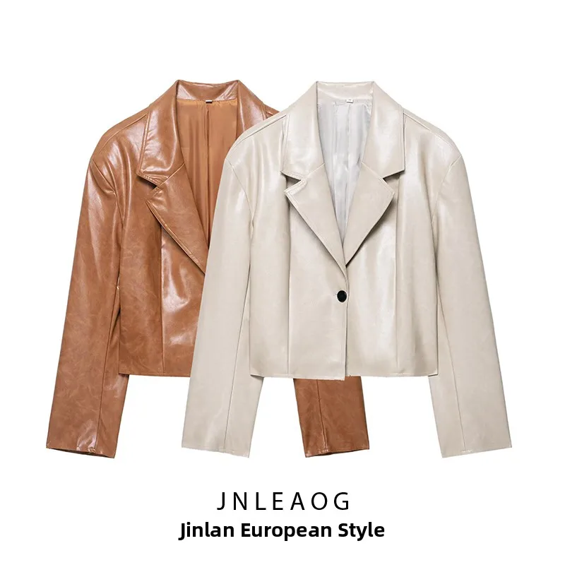 معطف نسائي جديد للخريف من JNLEAOG مصنوع من جلد البولي يوريثان مع ياقة فضفاضة وياقة مدببة متعددة الاستخدامات معطف غربي للسيدات