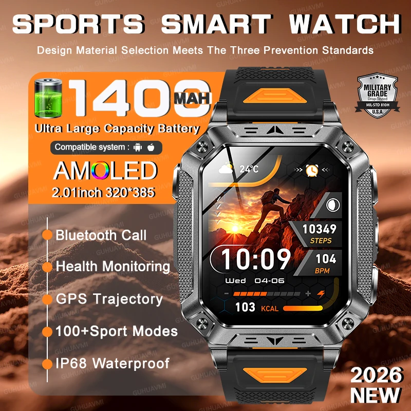 

Global Edition Military1400mAh Battery Smart Watch Man 2.01''Screen LED Flashlight IP68 Waterproof AI Voice HD Call Sport Watch