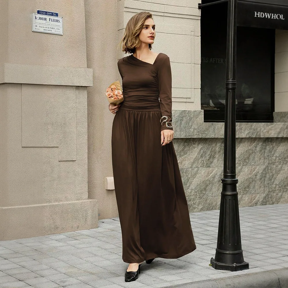 Deep Brown Elegant Office Dress Asymmetric One Shoulder Ruched Waist Long Dress Women
