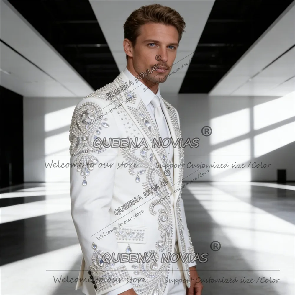Exclusive Sliver Diamond Beaded Suits Men 2 Piece Sets White Groom Wedding Tuxedos Customized Man Banquet Attire Ropa Hombre