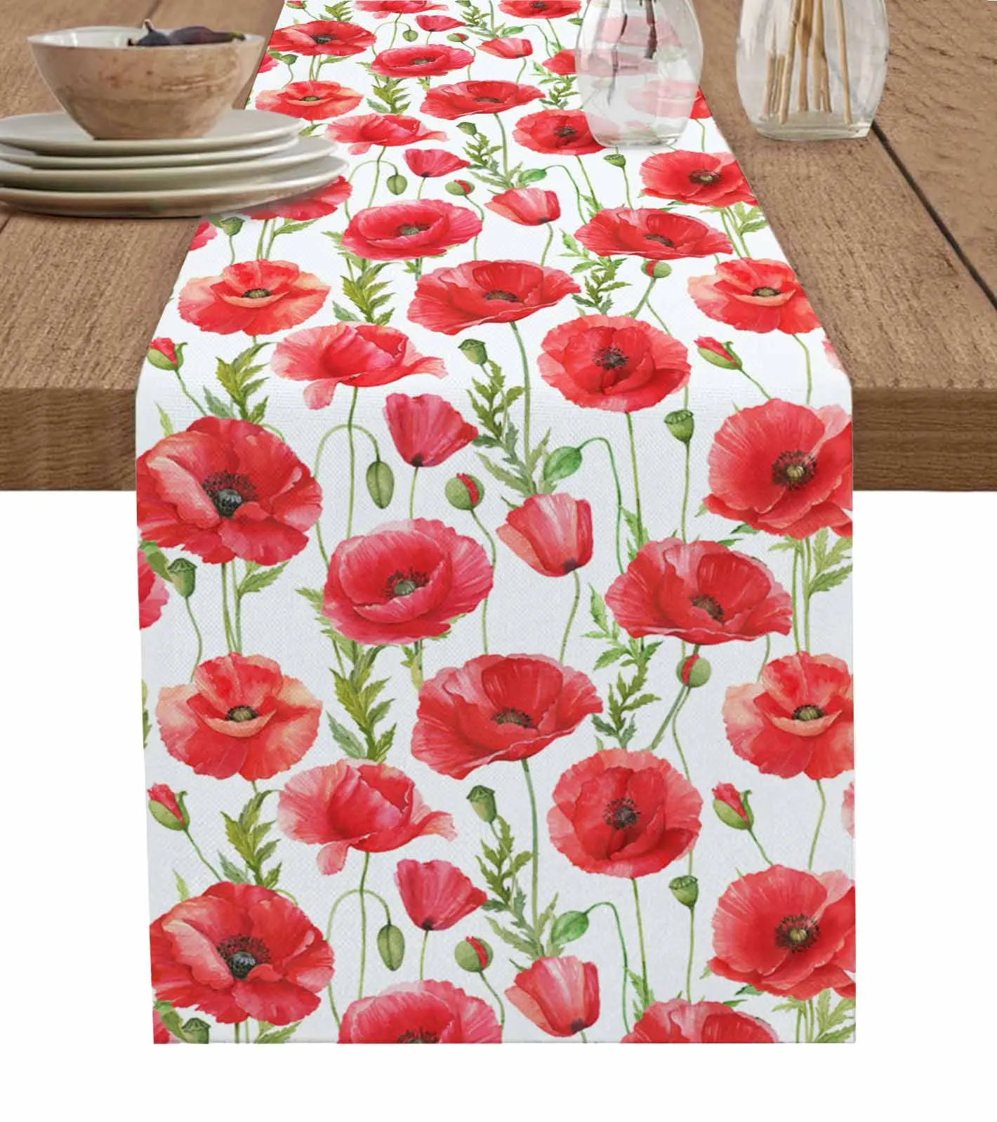 

Watercolor Red Poppy Flower Linen Table Runners Kitchen Table Decoration Accessories Dining Table Runner Wedding Party Supplies