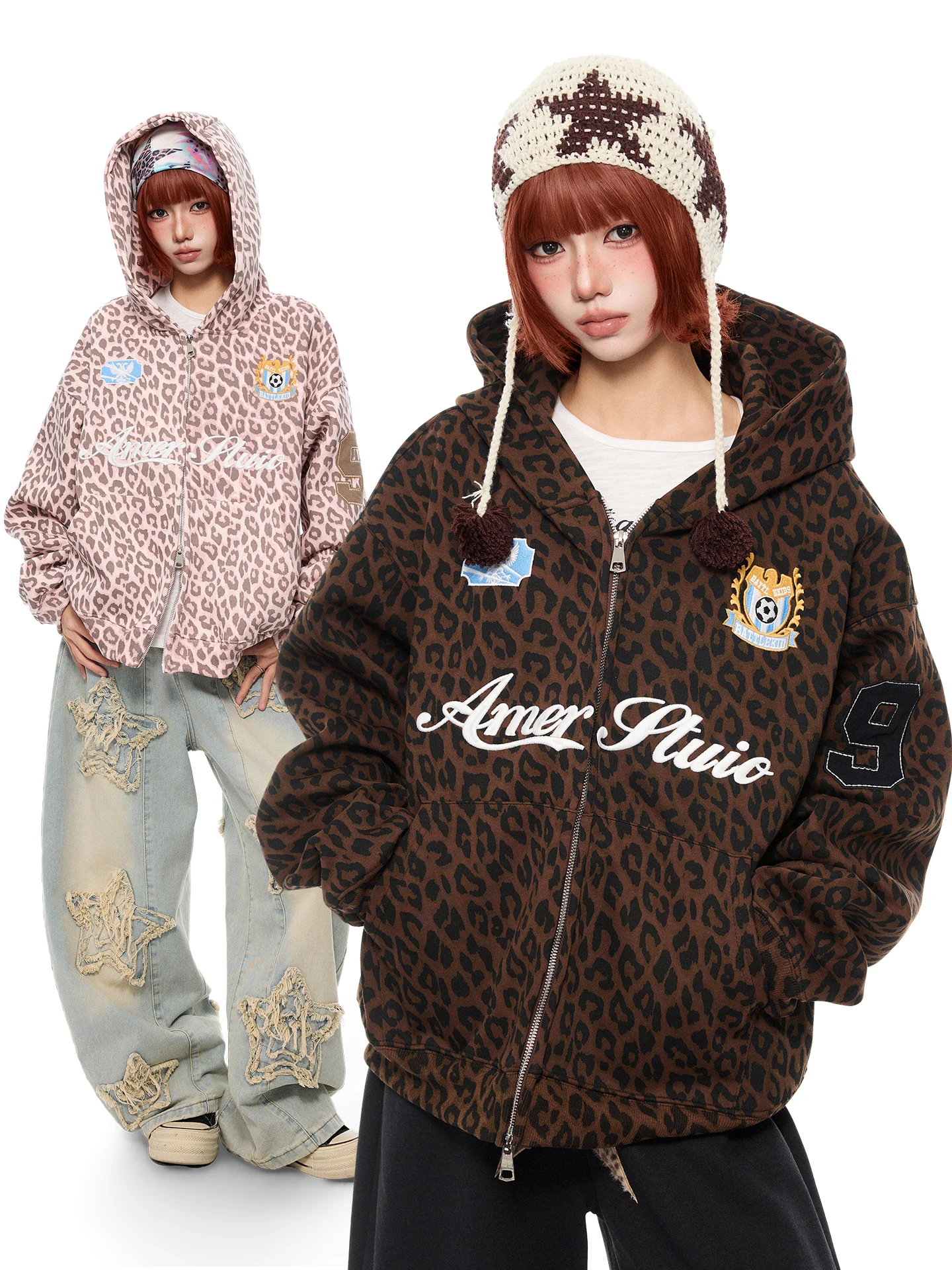 K787 Badge Leopard Print American Retro Trendy Embroidered Loose Hoodie Men's Loose Zipper Open Cardigan Jacket Youth Fashion