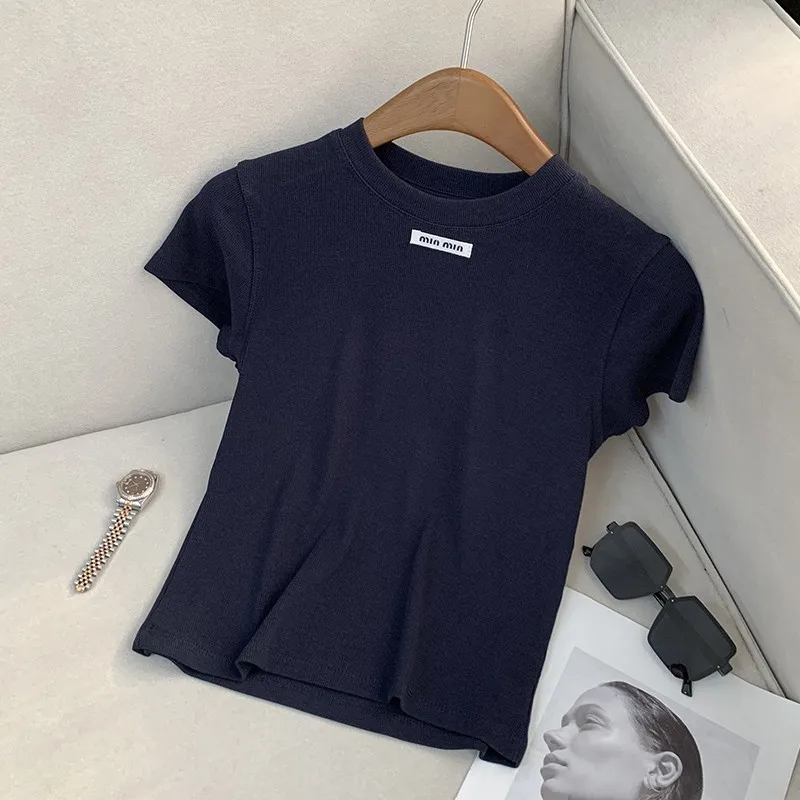 

Loose Letter ort Sve T-irt Women's Casual f Sve Top Slimming Versatile Fem Faion Navy Sle Polyester Fabric