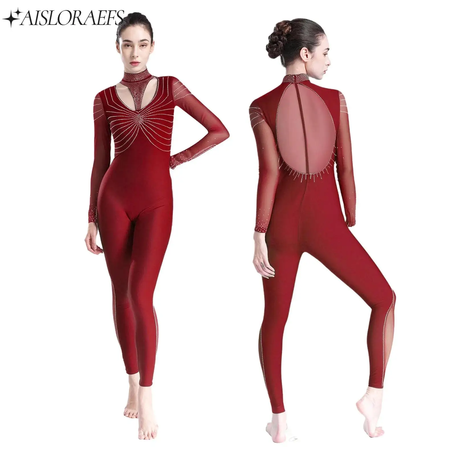 

Women One Piece Swimsuit Gymnastics Ballet Modern Dance Figure Skating Costume Rhinestones Long Sleeve Rompers Spandex Bodysuit