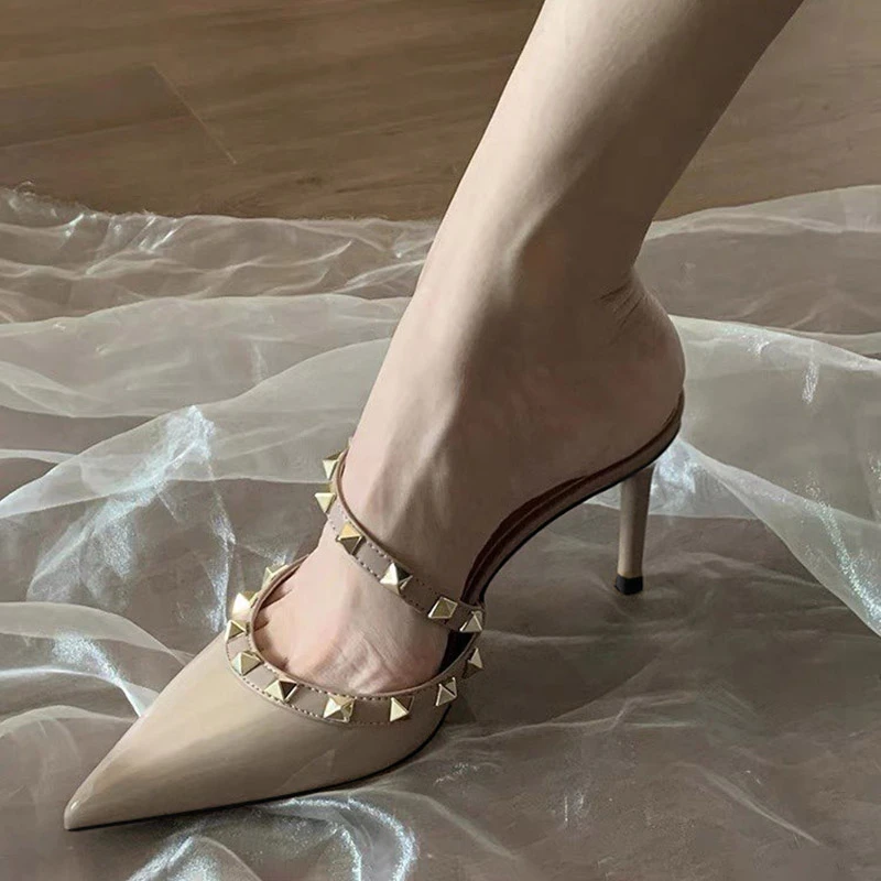 Nude High Heels for Women 2026 Autumn New Studded Pointed Toe Single Strap Slippers, Outdoor Half-Slippers for Women image 4