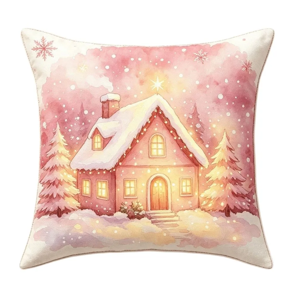Soft Christmas Pillow Cover Elk Deer Decorative 45cm 17.72in Throw Cushion Case Pink Watercolor Style Square Santa Pillow Cover