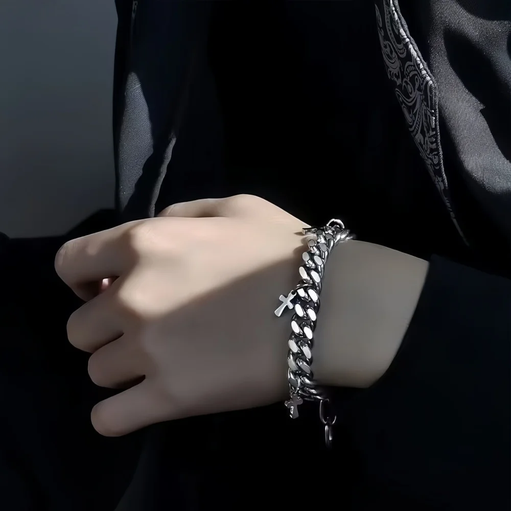 Hip-Hop Raw Cuban Chain Herrenarmband Silberfarben Edelstahl Kreuz-Quasten-Armband Modisches Trendiges Schmuckzubehör – Detail 2