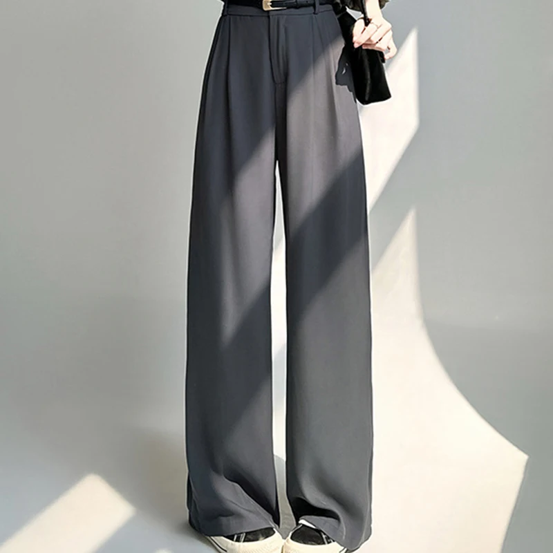 レディースカジュアル無地ストレートパンツ 秋冬 ハイウエストボタンスーツパンツ ゆったりワイドレッグパンツ