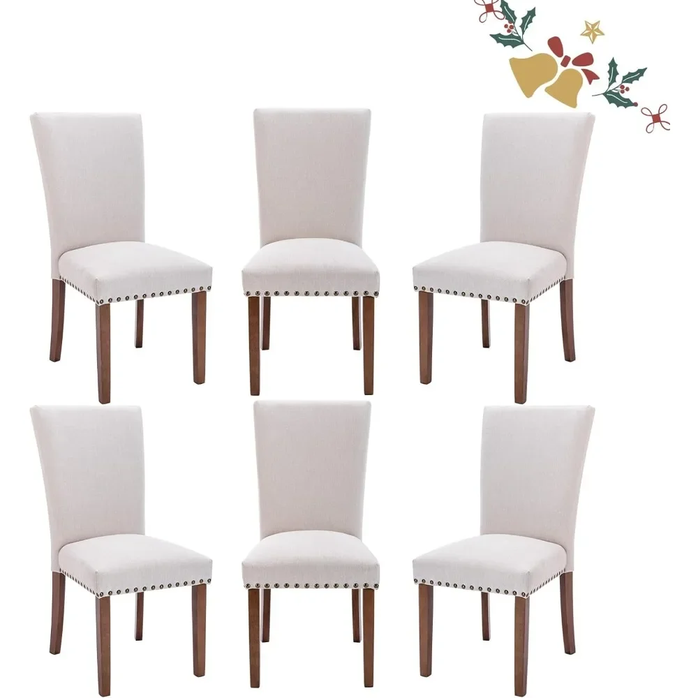 Parsons-Cadeiras de jantar estofadas, cadeira lateral da cozinha com guarnição Nailhead e pernas de madeira, sala de jantar bege, conjunto de 6