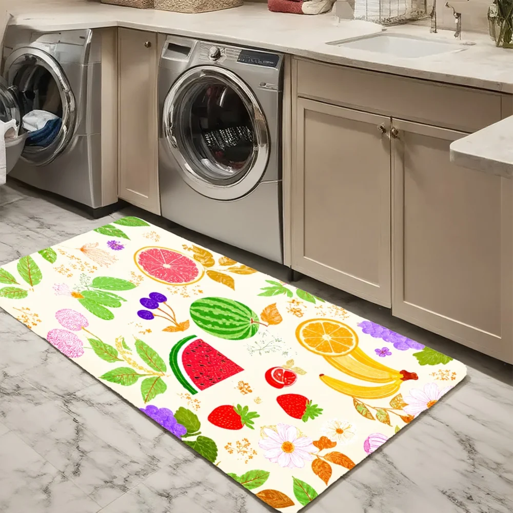 Juego de 3 alfombras, decoración para el hogar para la puerta principal, cocina, diseño de frutas con sandía, plátano, fresa y hojas, alfombra de cocina.
