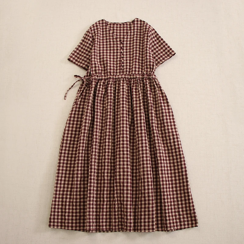 Summer Japanese Mori Girl Vintage Plaid Cotton Dress Women V-neck Short Sleeve Casual Loose Drawstring Waist A-line Midi Dresses