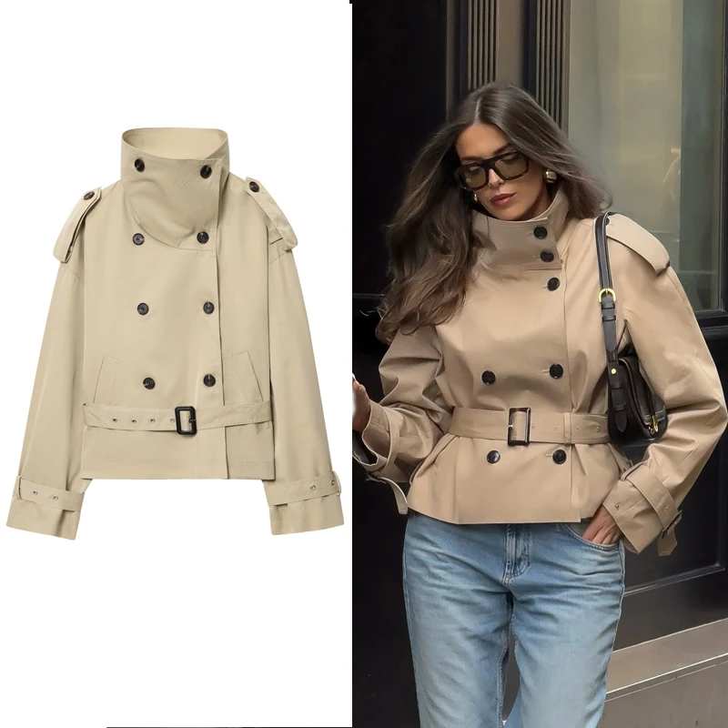 

Женский плащ цвета хаки с воротником-стойкой, укороченная ветровка, короткое пальто, женская осенняя куртка с длинными рукавами, укороченный плащ