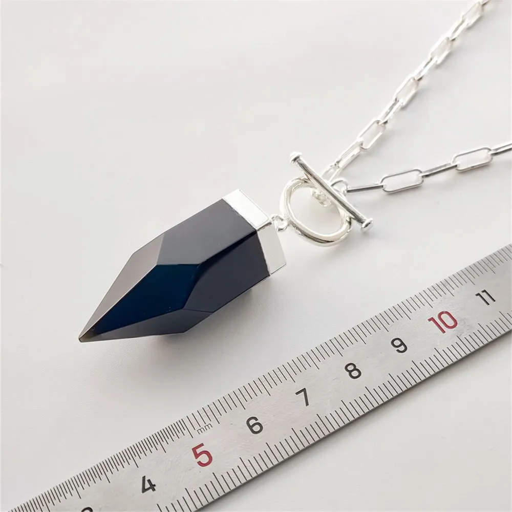 FUWO 1Pcs Obsidian crystal pointed necklace, silver plated square chain, black and white classic semi precious stone gift NC411Y