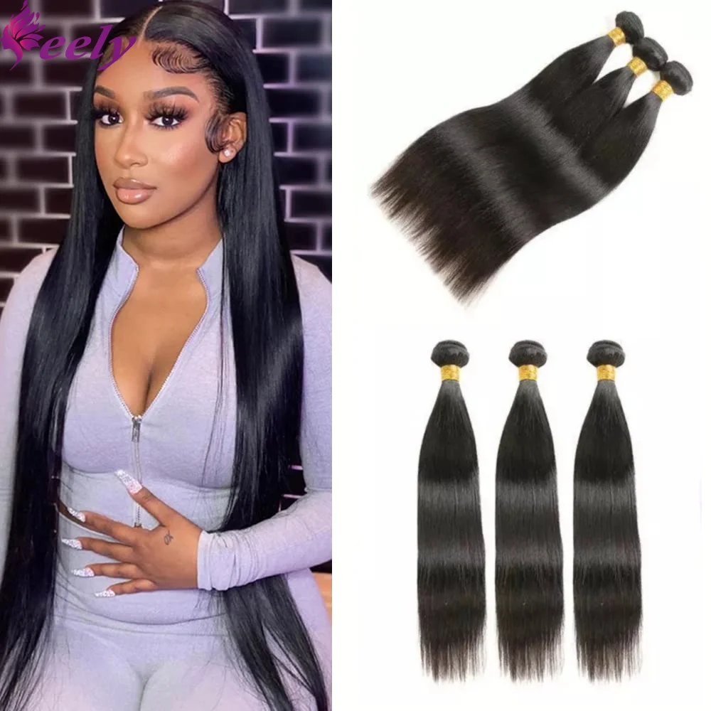 Straight Natural Black Bundles Human Hair Extensions 26 28 30 Inch Double Weft Brazilian 100% Real Human Hair Bundles For Woman