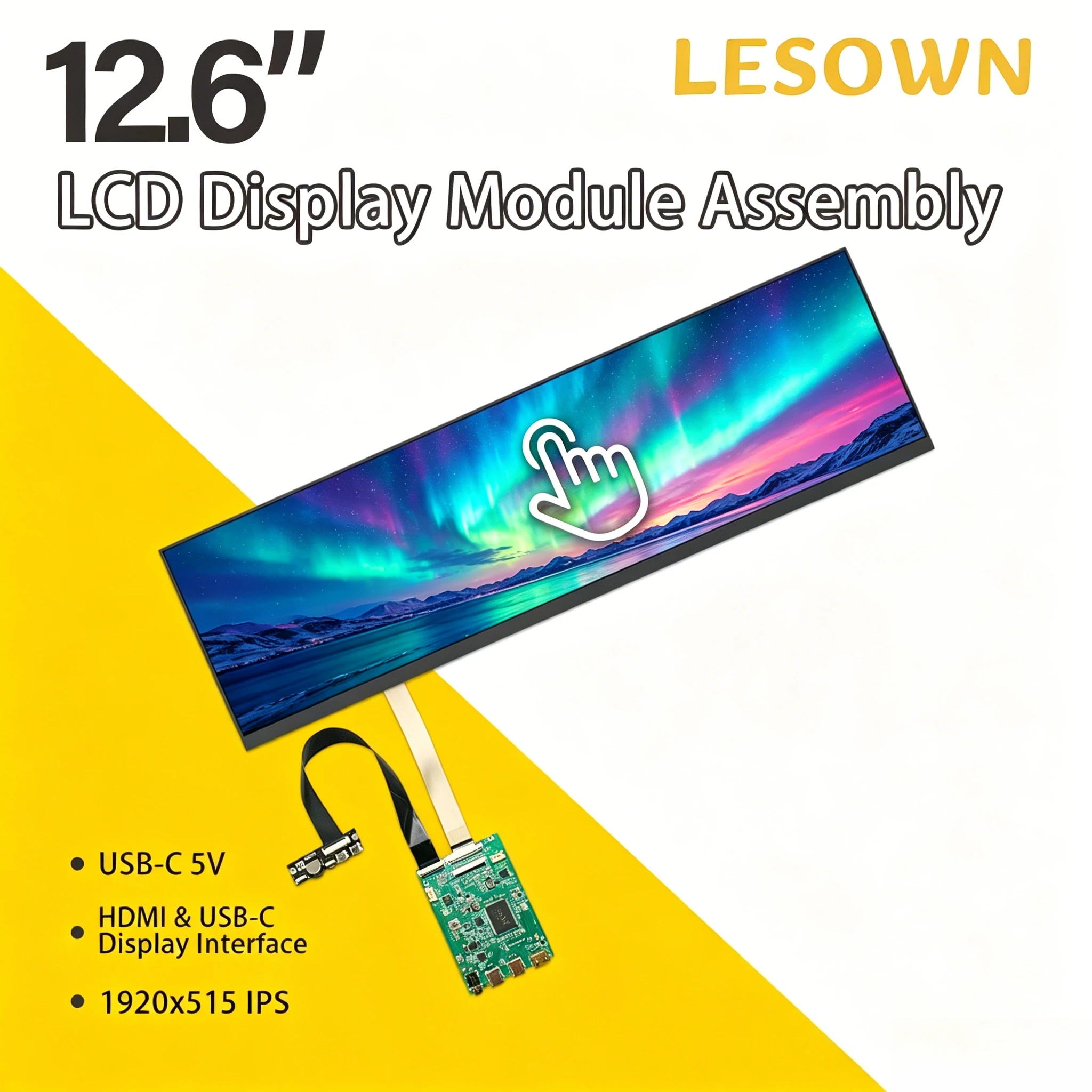 LESOWN 12.6 inch Stretched Bar Screen Module 1920x515 FHD 1200:1 Wide Angle View USB C HDMI LCD Panel Display with Driver Board