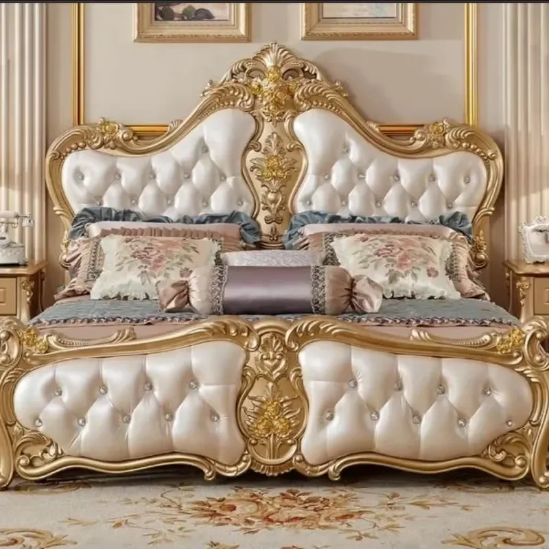 European Solid Wood Neoclassical Bed, Gold Leaf Finish, Hand Carved