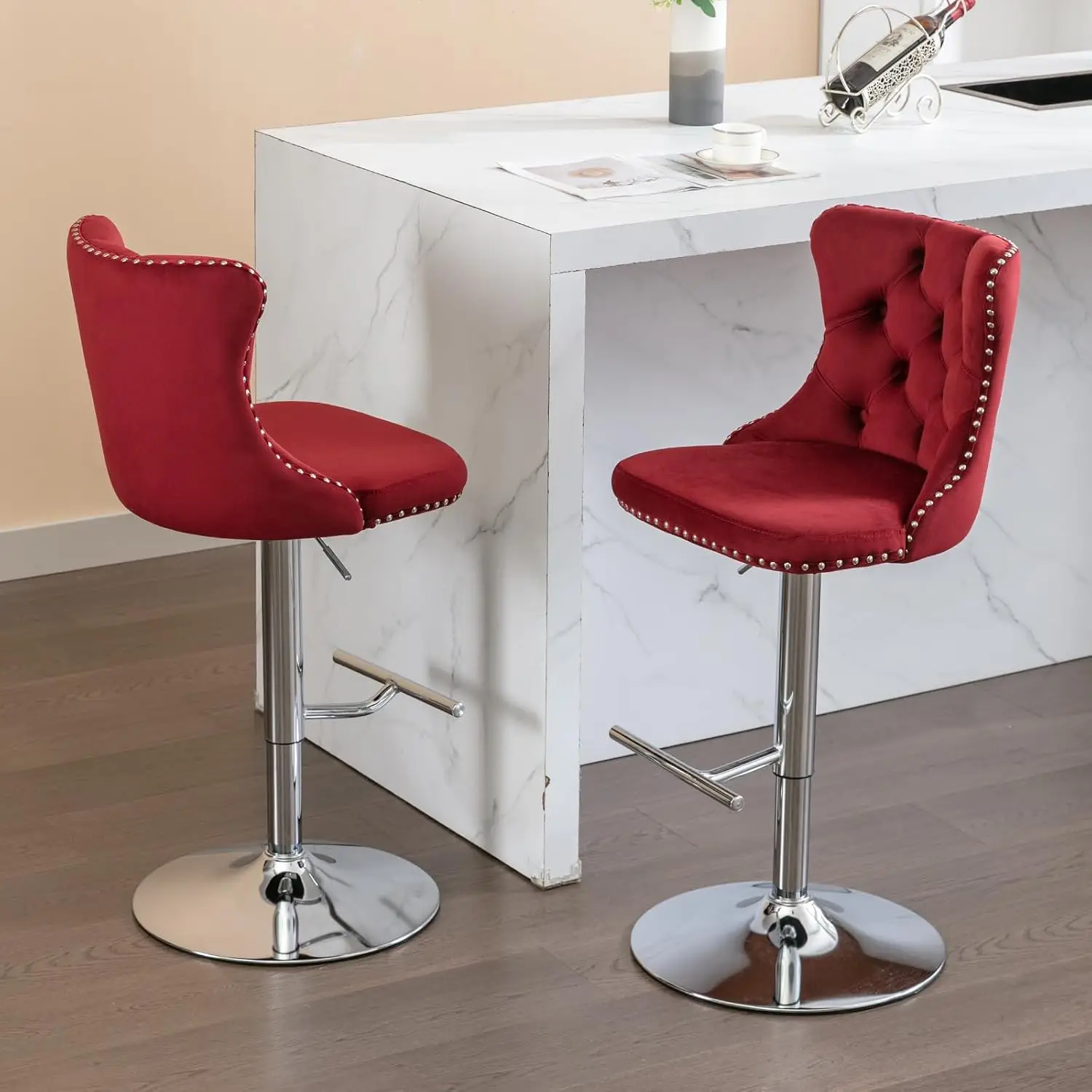 Velvet Swivel Bar Stools Set of 6, Adjustable Counter Height Tufted Back Metal Base Kitchen Dining Chairs, Customized - view 4