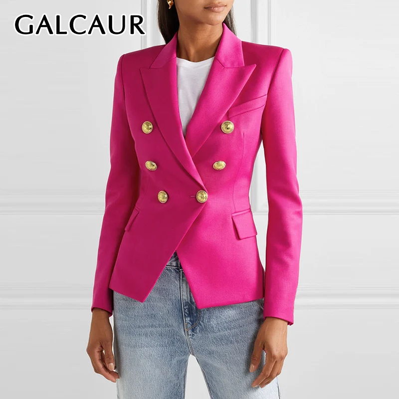 

GALCAUR Slimming Spliced Double Breasted Fashion Blazers for Women Notched Long Sleeves Patchwork Pockets Luxurious Coat Female