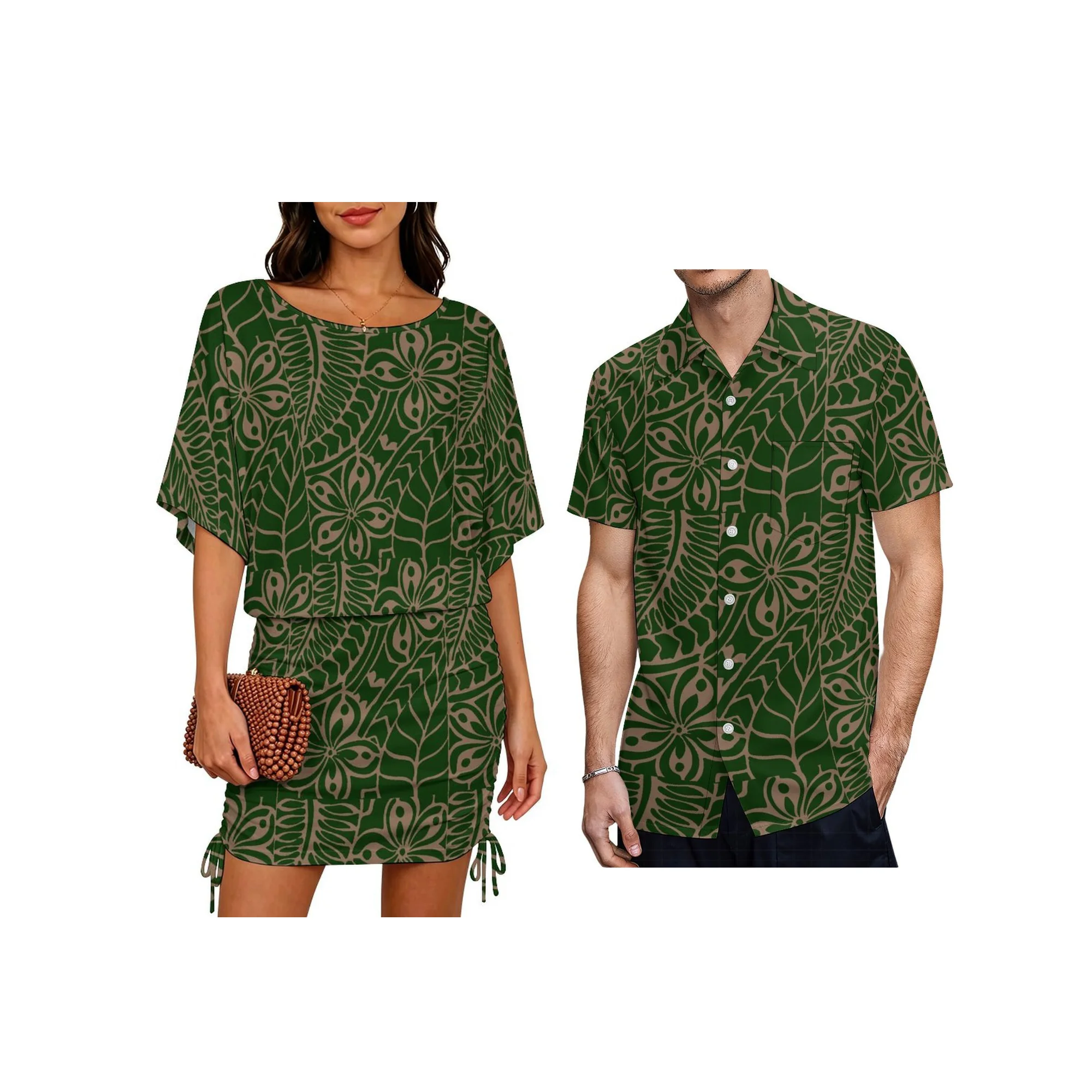 

Hot Sale Custom Logo Couple Clothing batwing pleated Women Dress Tonga Polynesian Tribal Aloha Men Hard Collar Shirt 2 Piece
