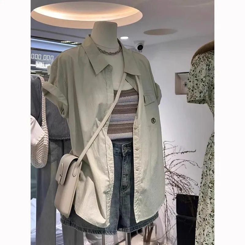 

Summer Casual Hong Kong Style Women's Set Short Sleeve Shirt Strap Denim Shorts Three Piece Set High Sensation Fashion Ensemble