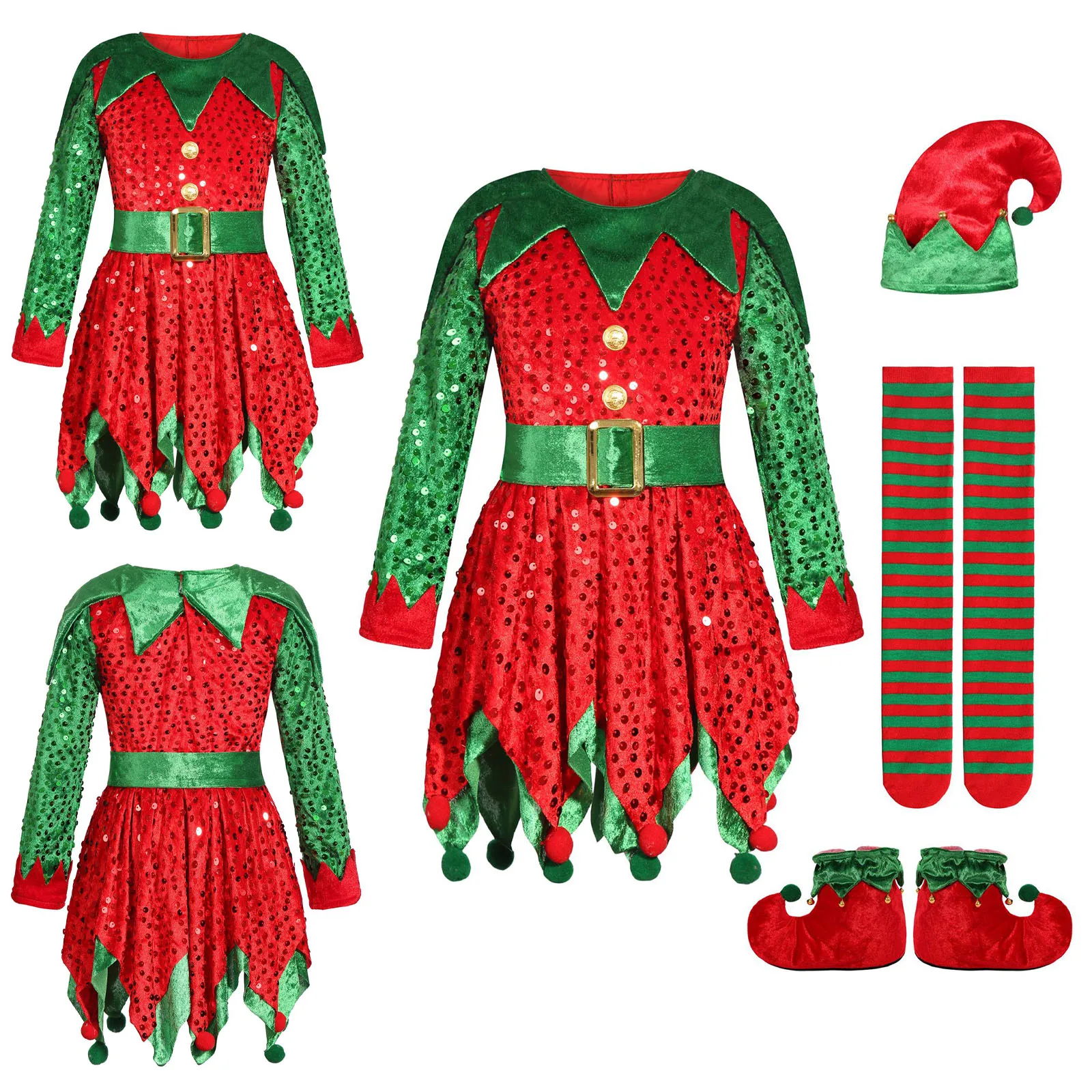 

Girls Christmas Elf Costume Xmas Outfit Elf Dress Long Sleeve Sequins Jagged Hem Pompom Dress with Waistbelt Hat Socks Shoes Set