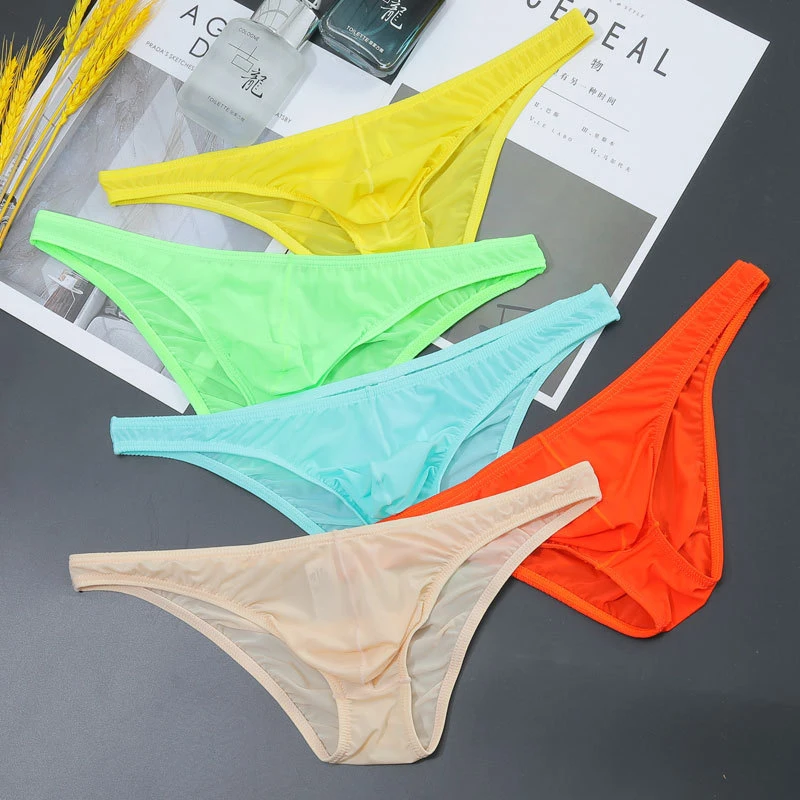 Men Summer Briefs Ice Silk Seamless Sexy Transparent Underwear U Convex Pouch Underwear Low Waist Panties Adult Breathable M-2XL